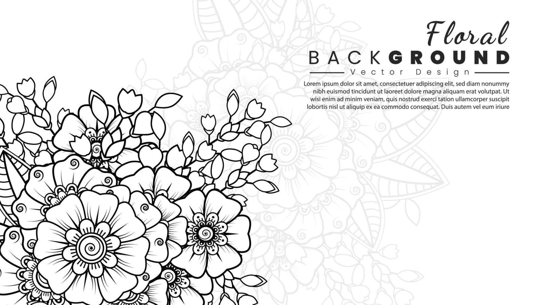 fondo con flores mehndi. líneas negras sobre fondo blanco. banner o plantilla de tarjeta vector