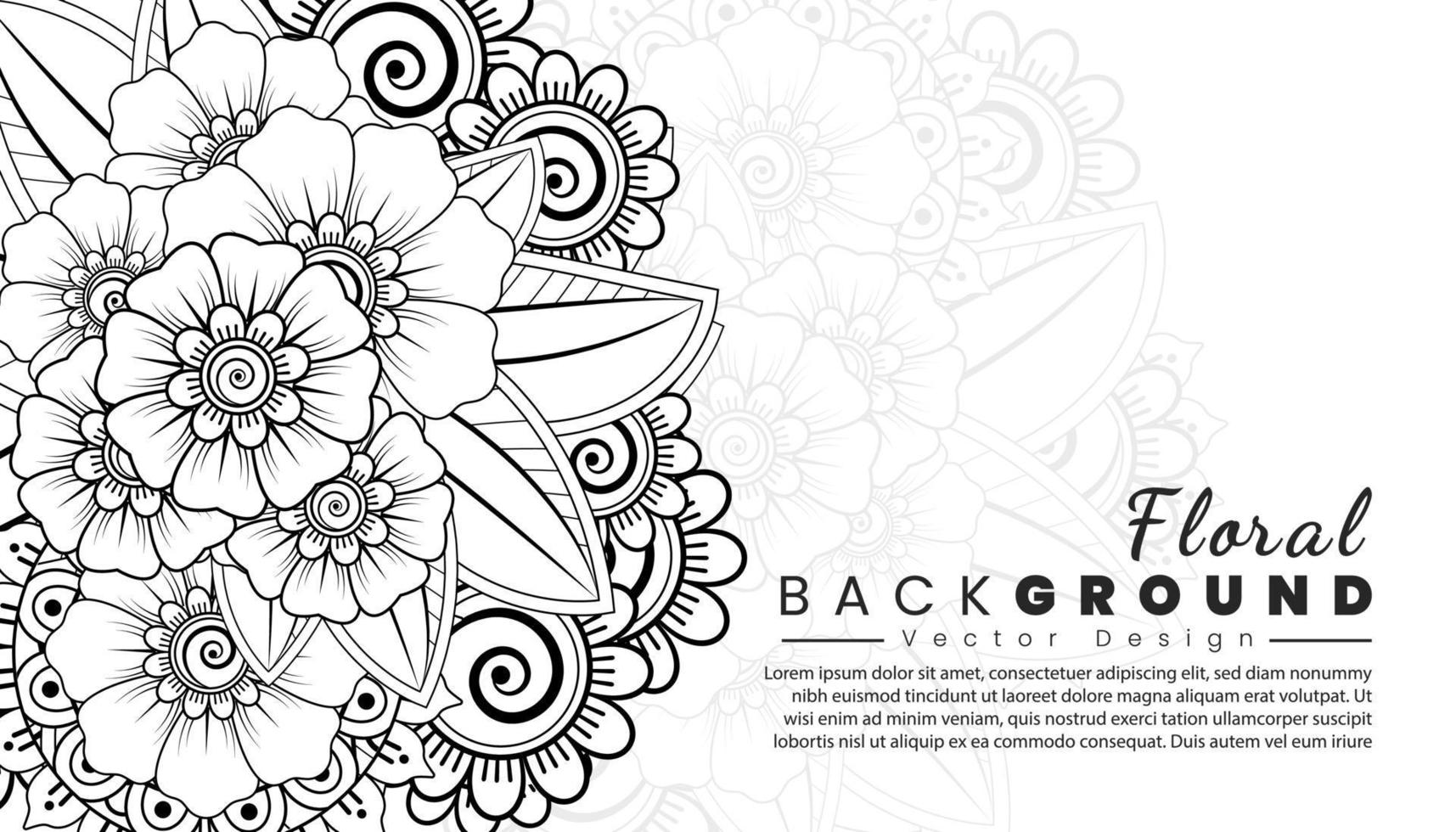 Background with mehndi flowers. Black lines on white background. Banner or card template vector