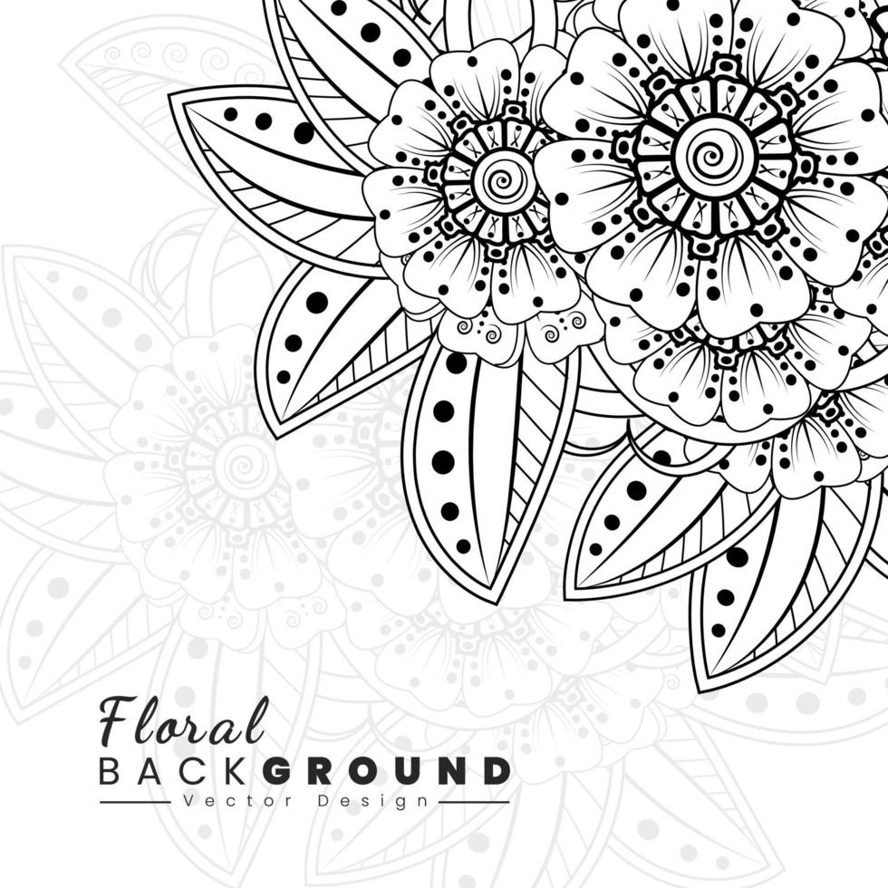 fondo con flores mehndi. líneas negras sobre fondo blanco. banner o plantilla de tarjeta vector