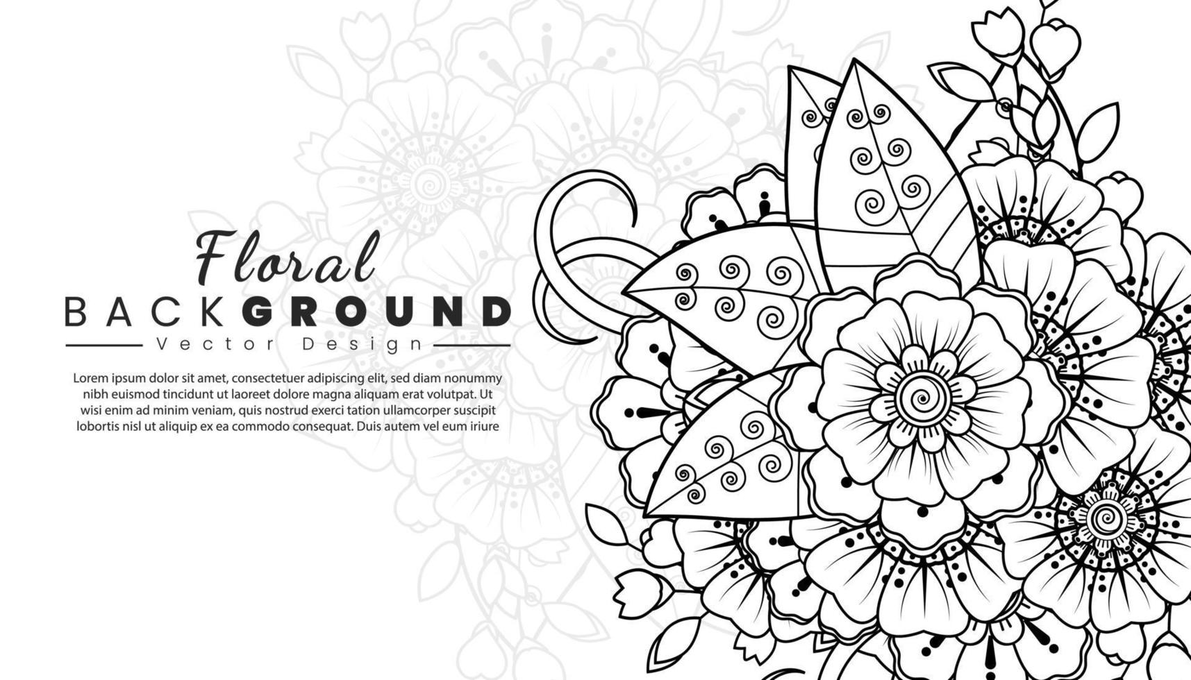 fondo con flores mehndi. líneas negras sobre fondo blanco. banner o plantilla de tarjeta vector