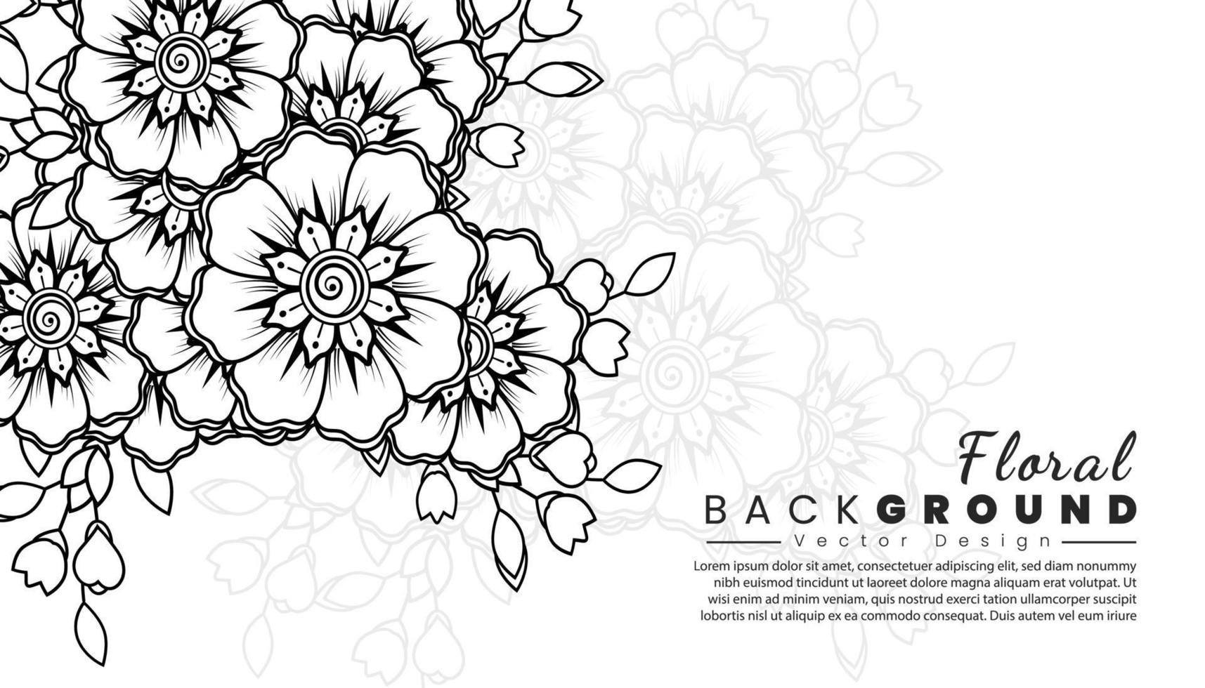 fondo con flores mehndi. líneas negras sobre fondo blanco. banner o plantilla de tarjeta vector