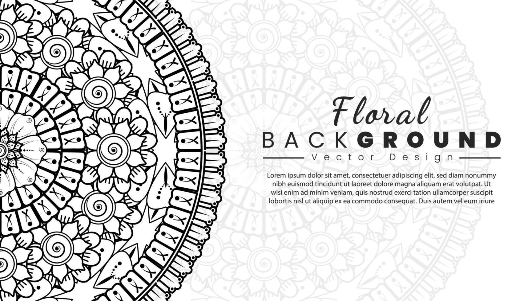 fondo con flores mehndi. líneas negras sobre fondo blanco. banner o plantilla de tarjeta vector