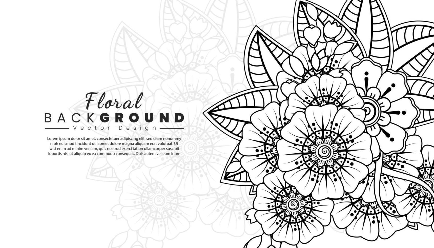 Background with mehndi flowers. Black lines on white background. Banner or card template vector