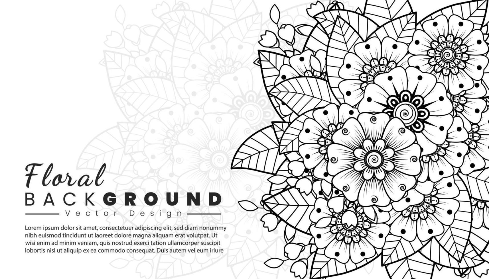 Background with mehndi flowers. Black lines on white background. Banner or card template vector
