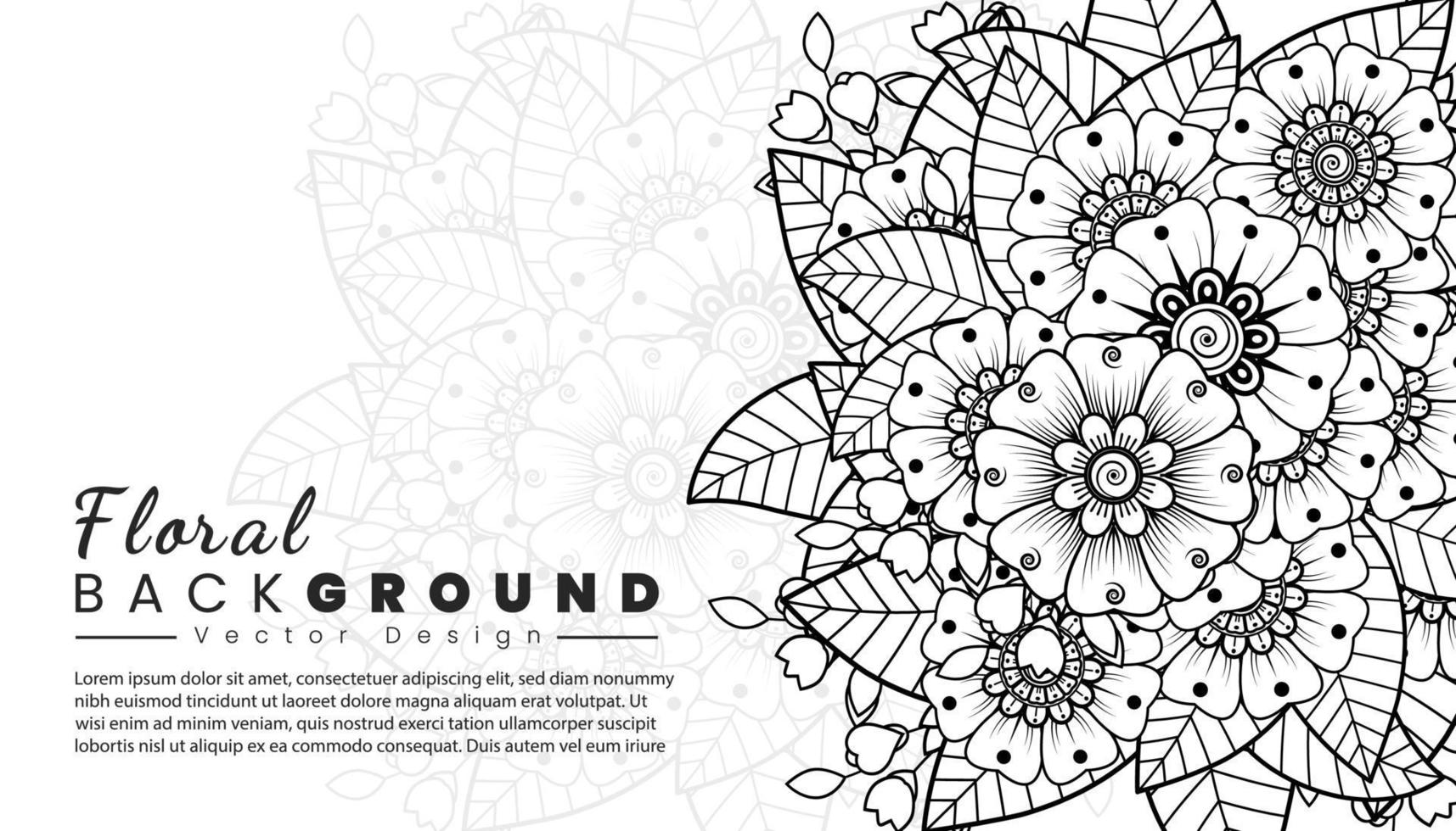 Background with mehndi flowers. Black lines on white background. Banner or card template vector