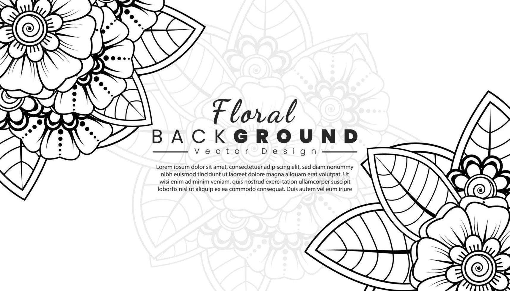 fondo con flores mehndi. líneas negras sobre fondo blanco. banner o plantilla de tarjeta vector