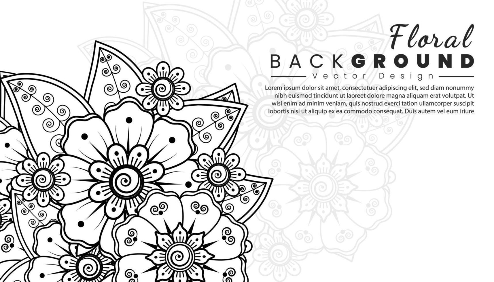 Background with mehndi flowers. Black lines on white background. Banner or card template vector