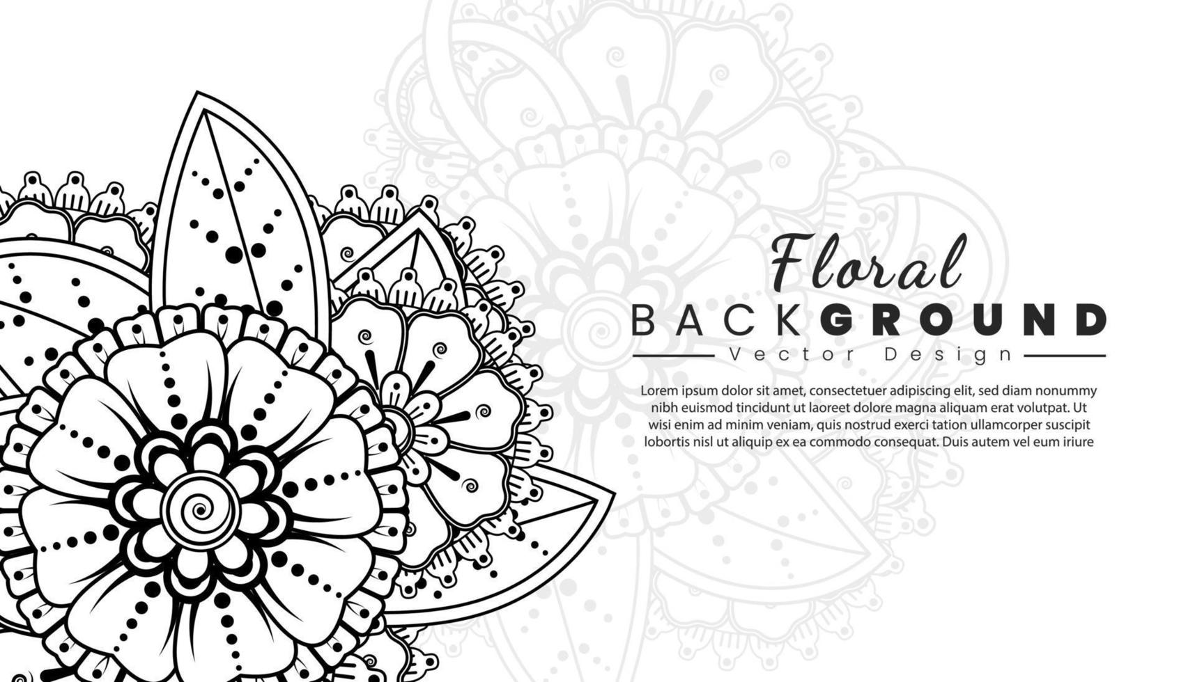 fondo con flores mehndi. líneas negras sobre fondo blanco. banner o plantilla de tarjeta vector