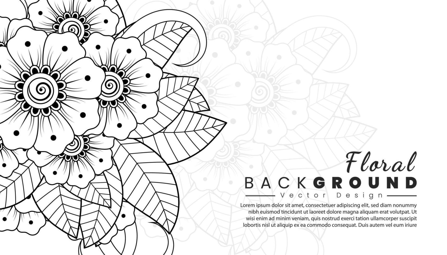 fondo con flores mehndi. líneas negras sobre fondo blanco. banner o plantilla de tarjeta vector