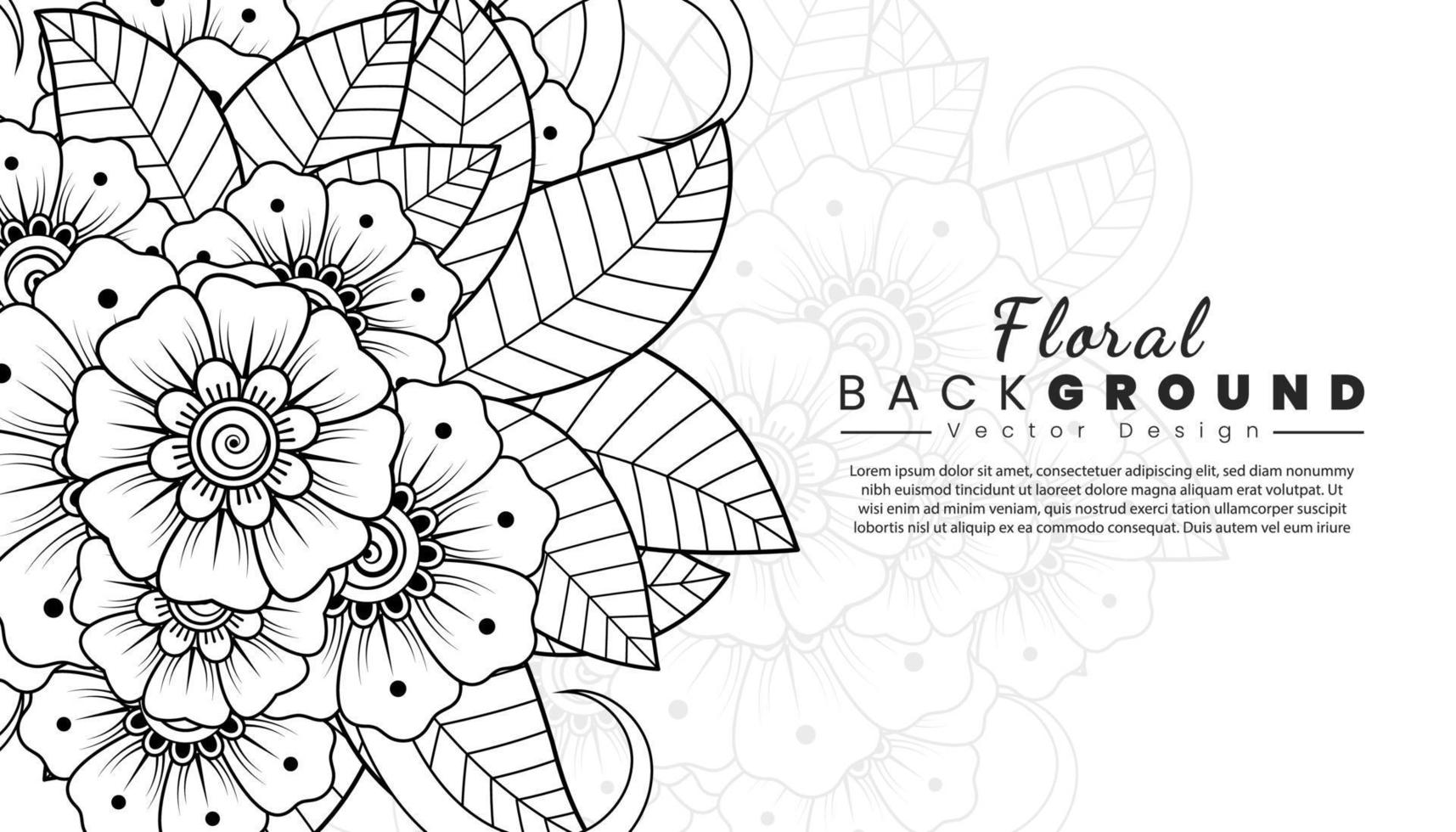 fondo con flores mehndi. líneas negras sobre fondo blanco. banner o plantilla de tarjeta vector