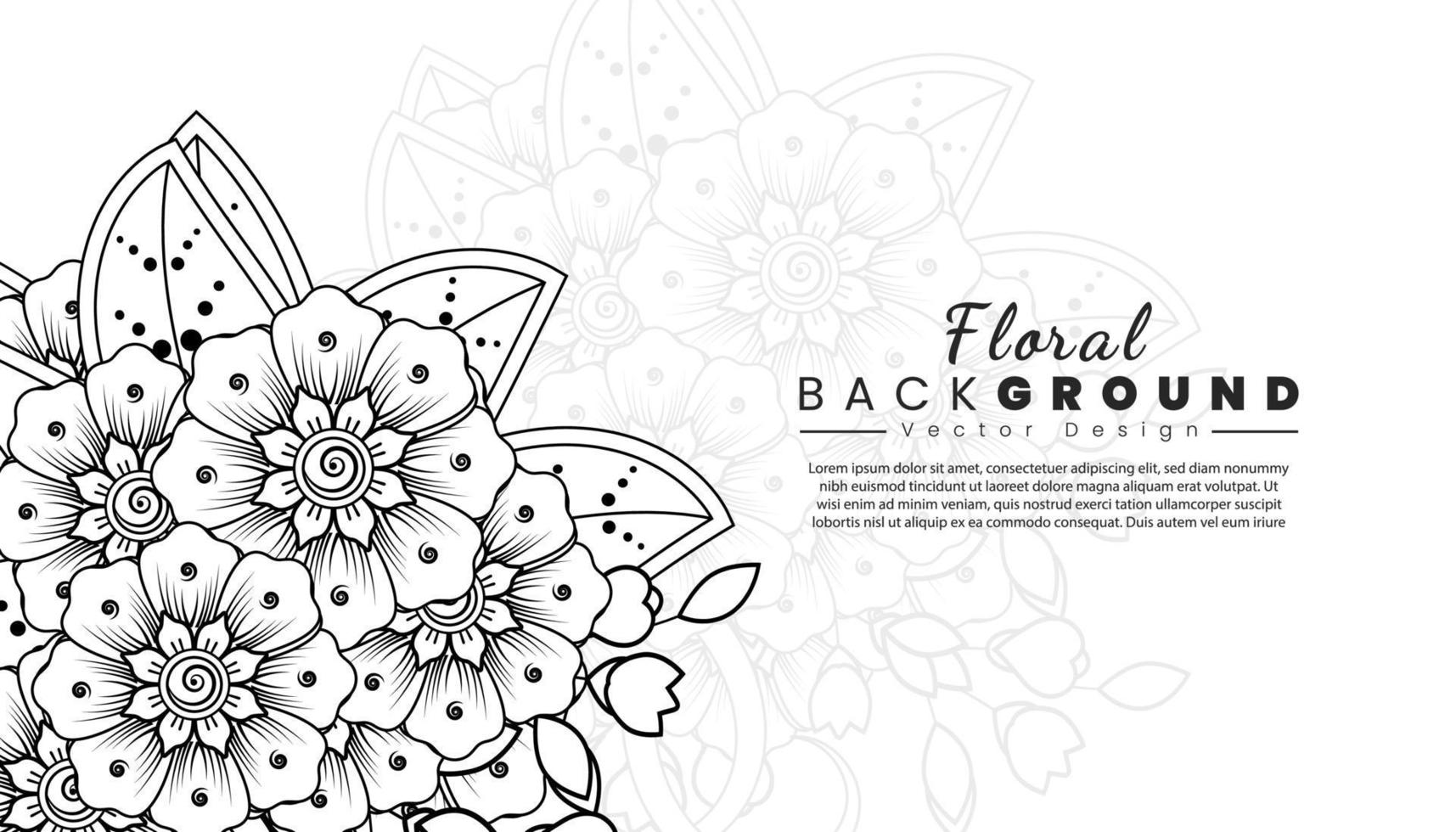 fondo con flores mehndi. líneas negras sobre fondo blanco. banner o plantilla de tarjeta vector