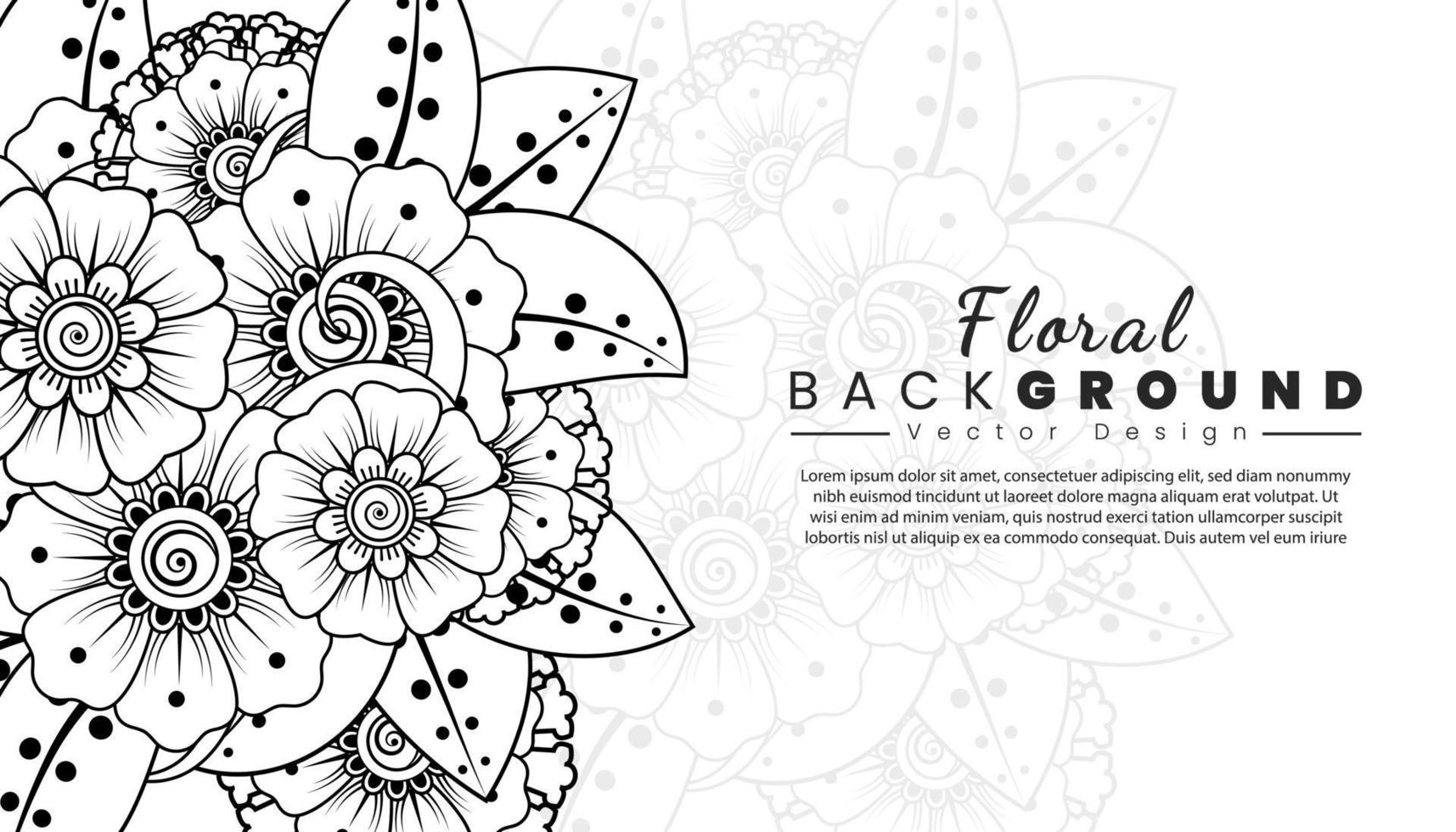 fondo con flores mehndi. líneas negras sobre fondo blanco. banner o plantilla de tarjeta vector