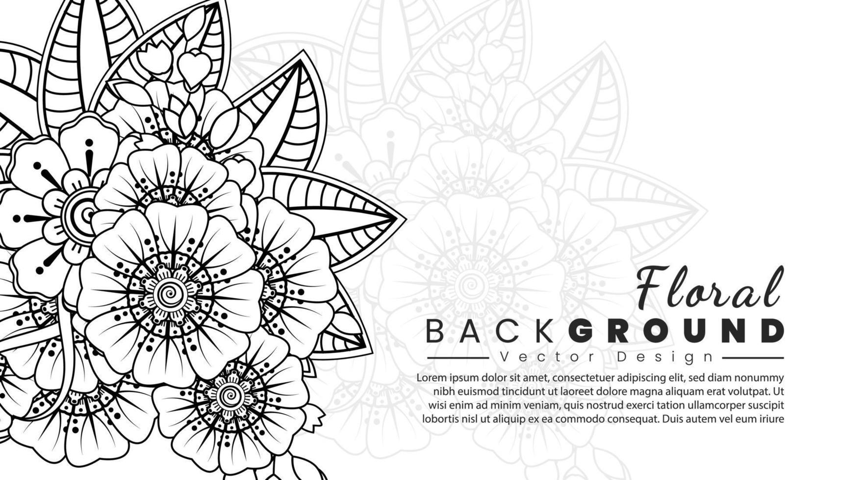 fondo con flores mehndi. líneas negras sobre fondo blanco. banner o plantilla de tarjeta vector