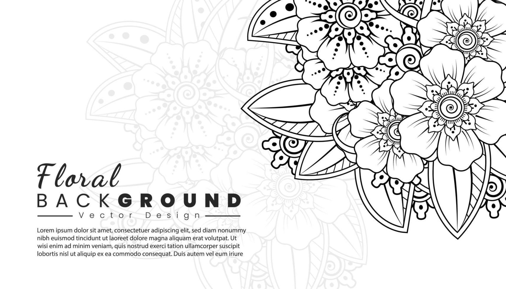 Background with mehndi flowers. Black lines on white background. Banner or card template vector