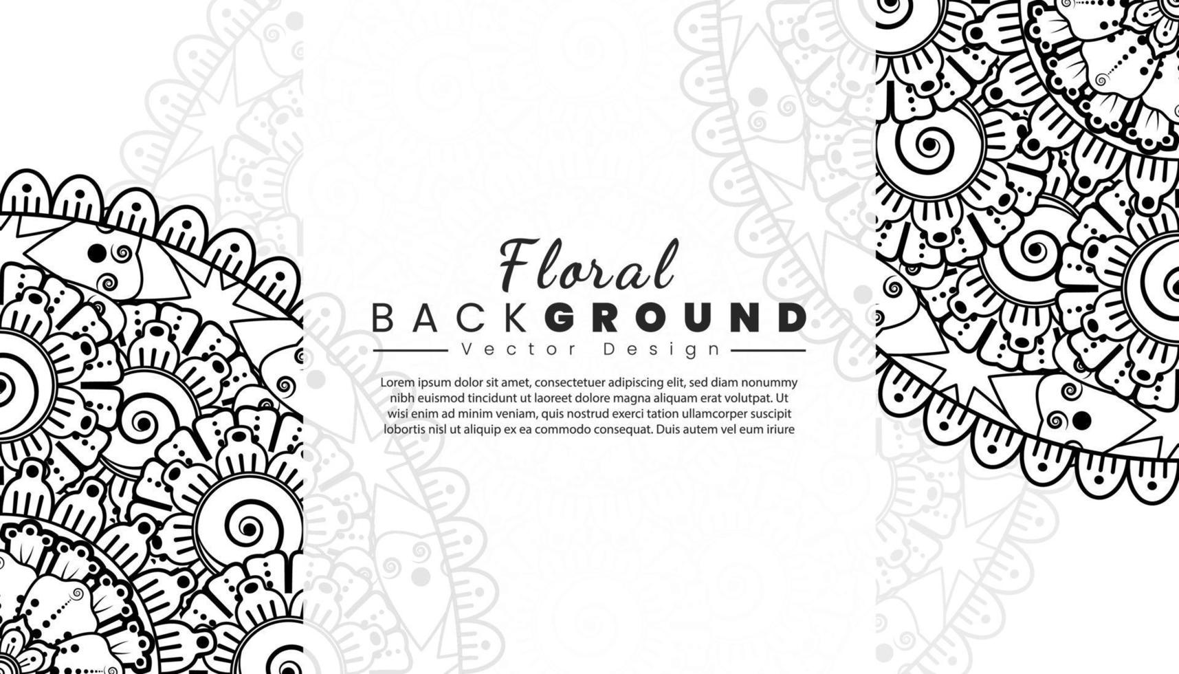 fondo con flores mehndi. líneas negras sobre fondo blanco. banner o plantilla de tarjeta vector