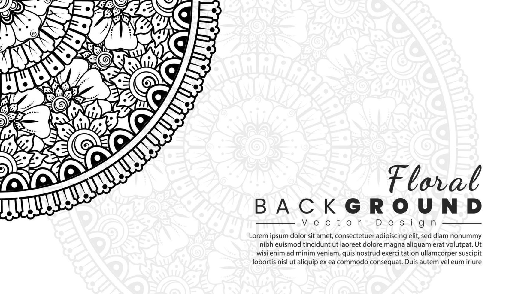 fondo con flores mehndi. líneas negras sobre fondo blanco. banner o plantilla de tarjeta vector