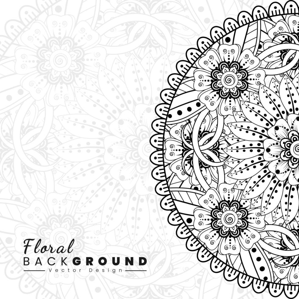 fondo con flores mehndi. líneas negras sobre fondo blanco. banner o plantilla de tarjeta vector