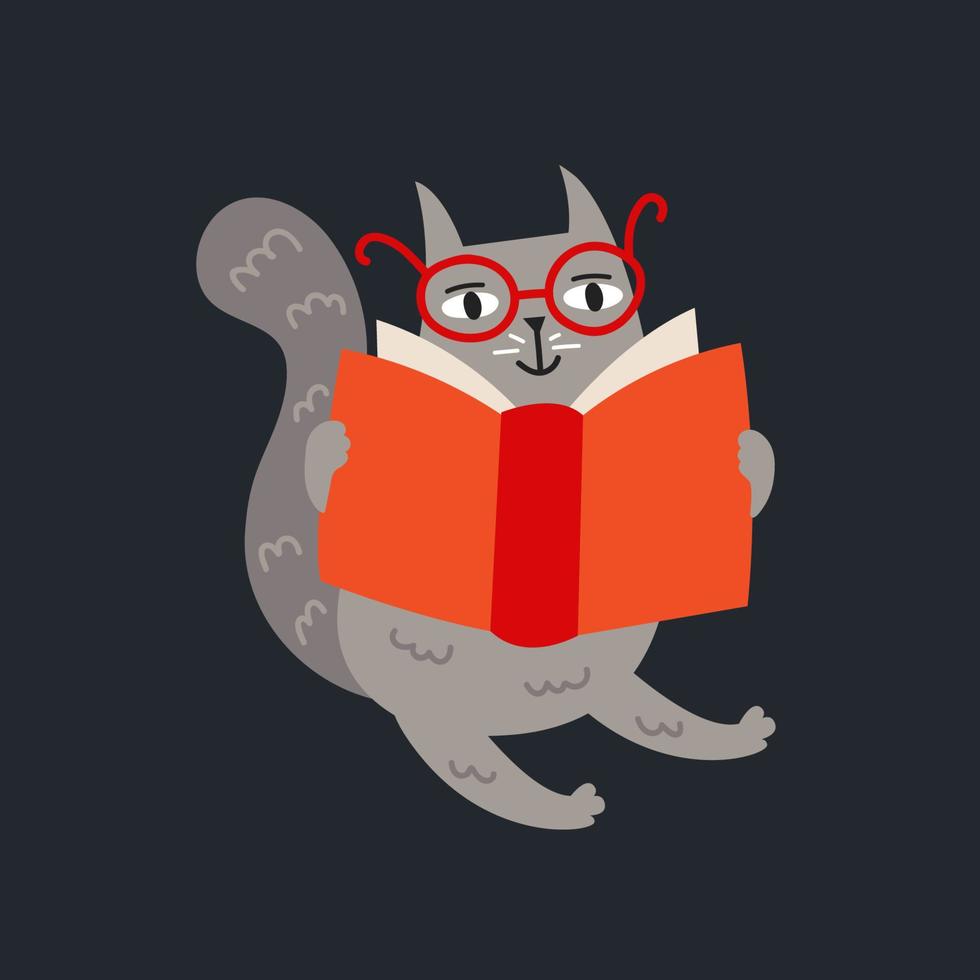 Domestic funny cat in glasses sitting reading book kitten kitty vector illustration isolated on background