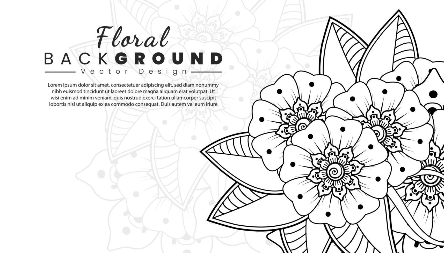 fondo con flores mehndi. líneas negras sobre fondo blanco. banner o plantilla de tarjeta vector