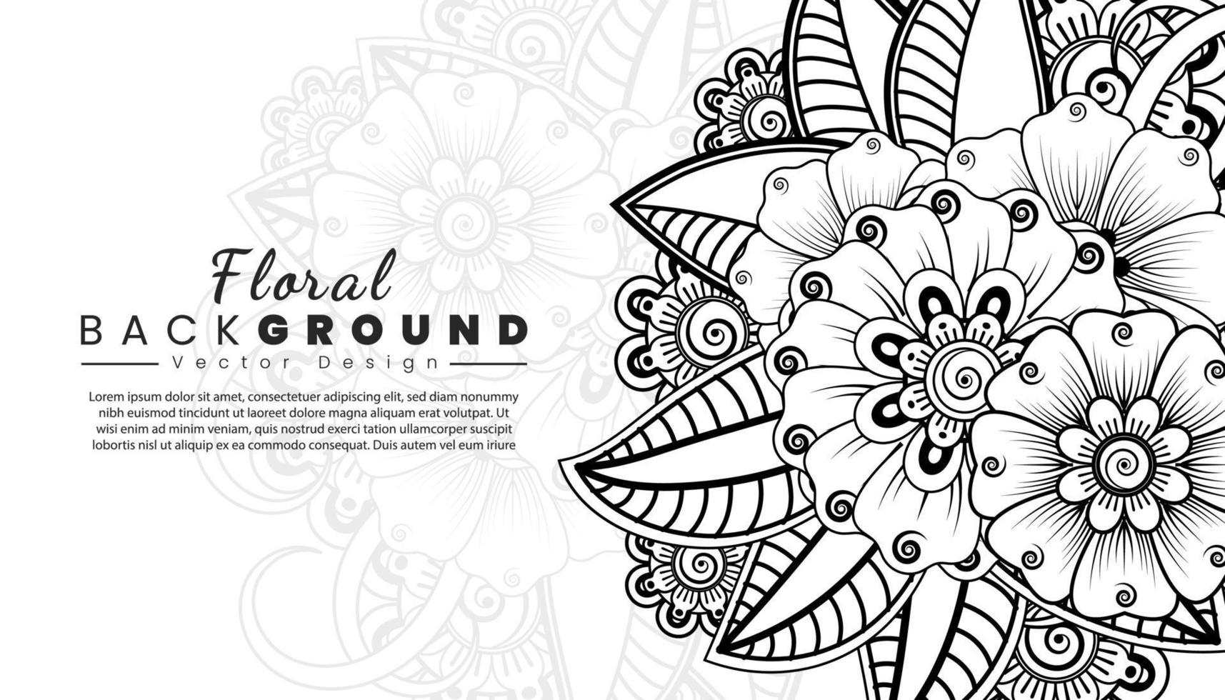 fondo con flores mehndi. líneas negras sobre fondo blanco. banner o plantilla de tarjeta vector