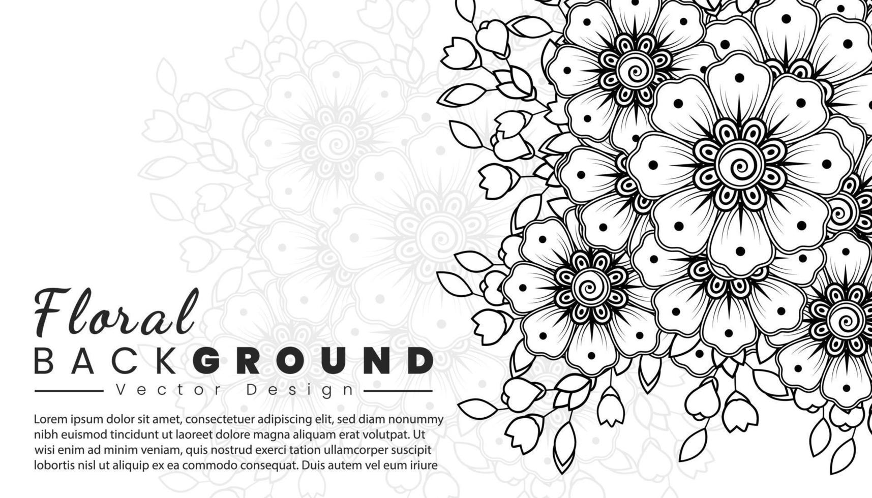 fondo con flores mehndi. líneas negras sobre fondo blanco. banner o plantilla de tarjeta vector