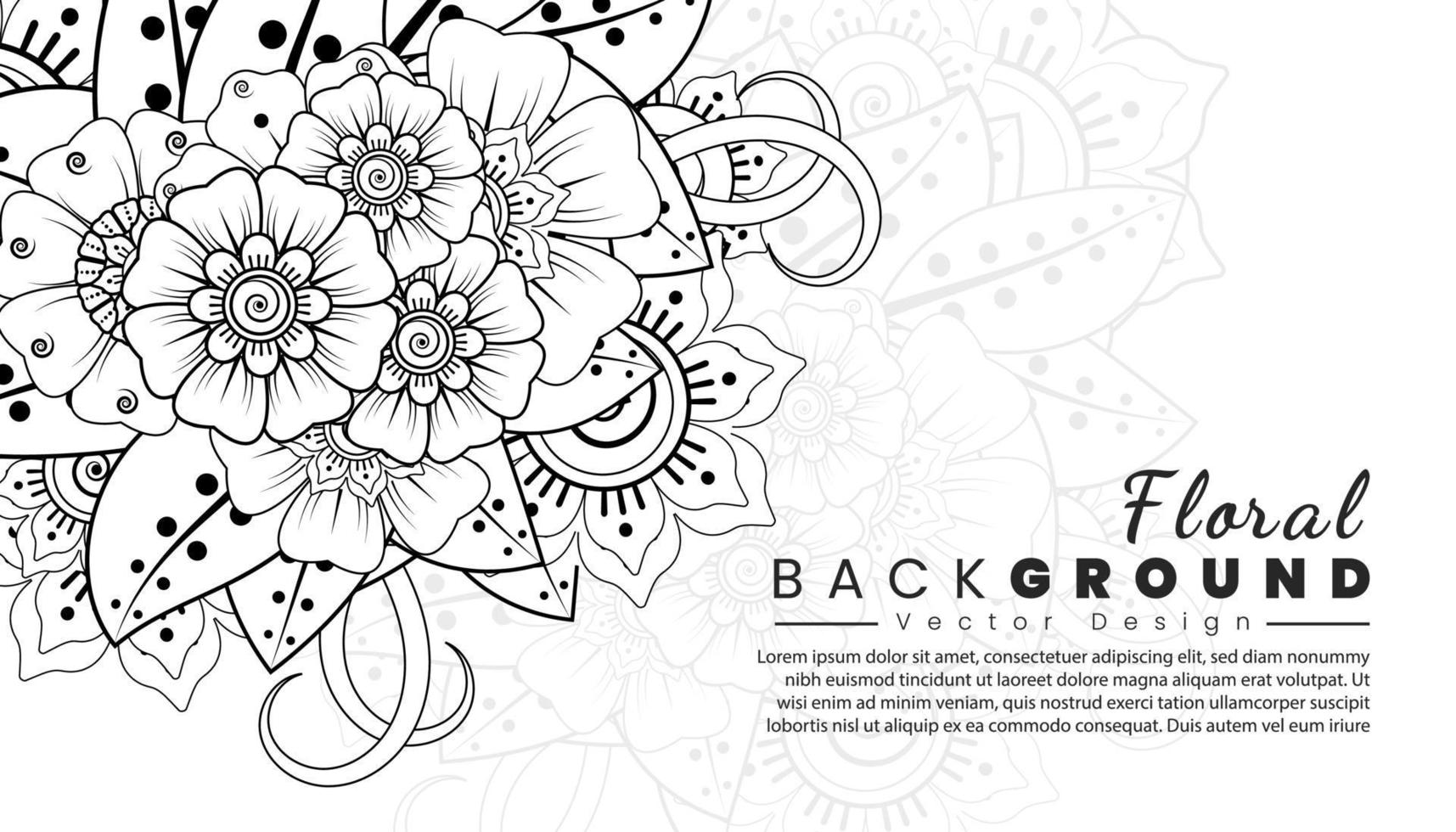 Background with mehndi flowers. Black lines on white background. Banner or card template vector