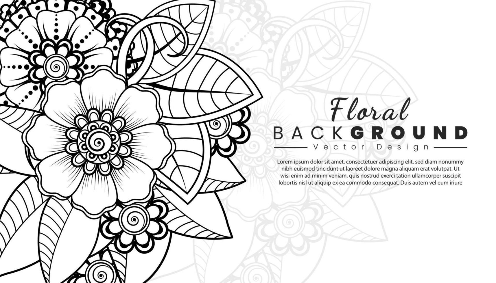 fondo con flores mehndi. líneas negras sobre fondo blanco. banner o plantilla de tarjeta vector