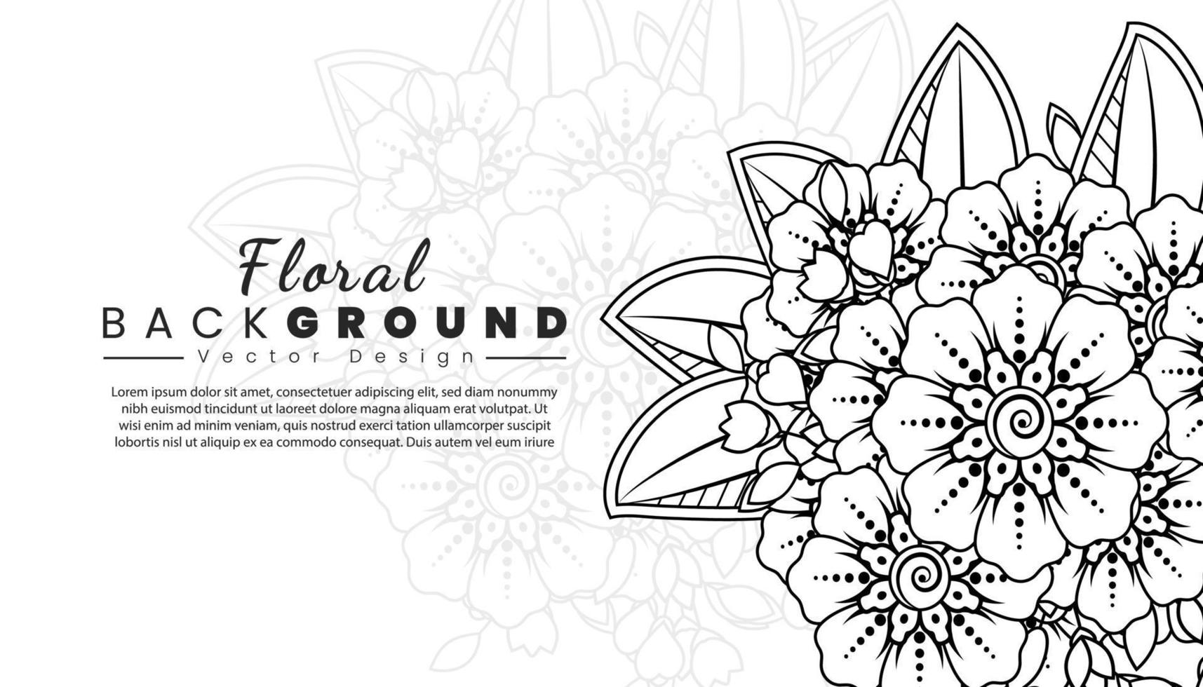 fondo con flores mehndi. líneas negras sobre fondo blanco. banner o plantilla de tarjeta vector