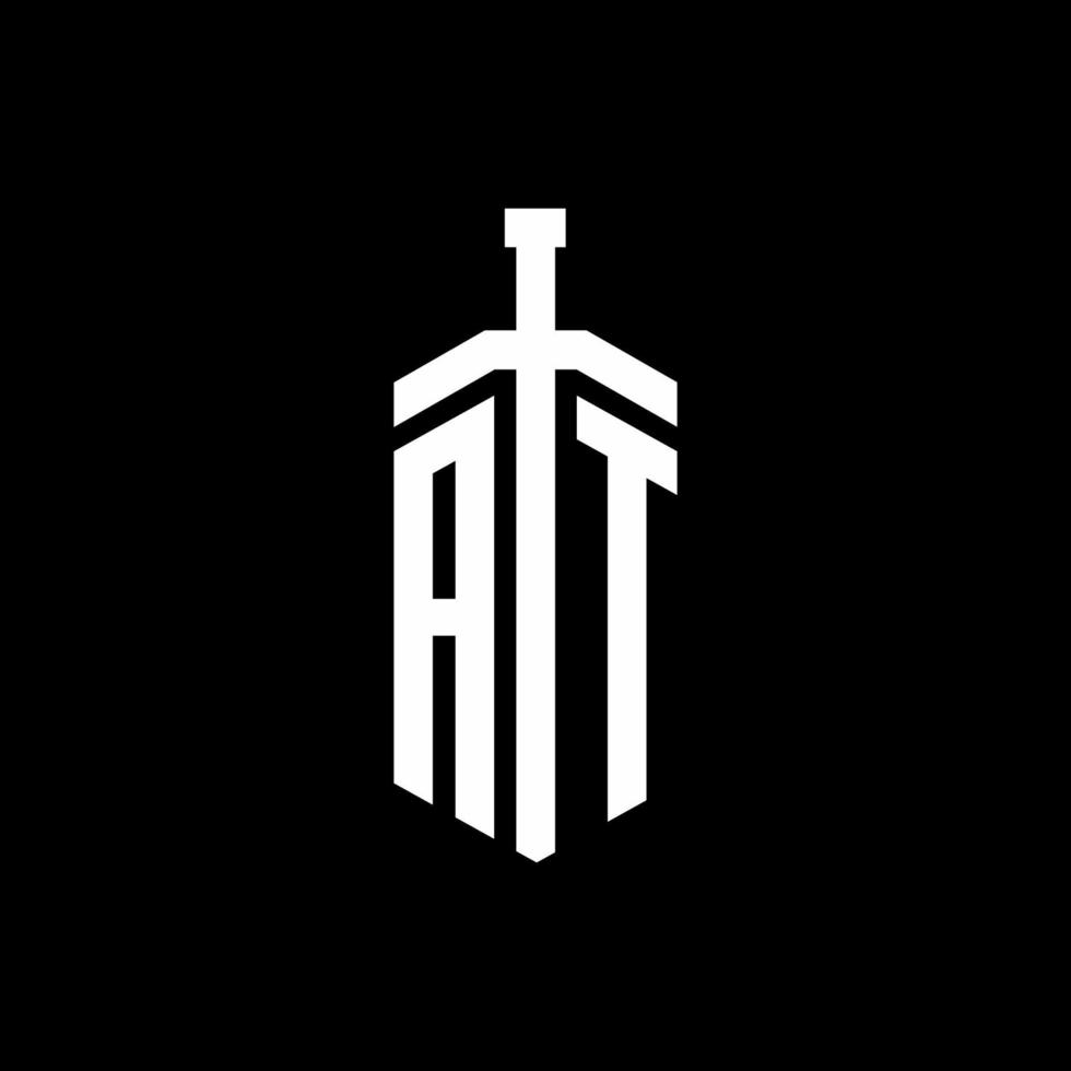 AT logo monogram with sword element ribbon design template vector