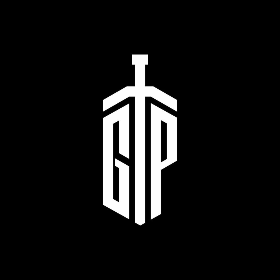 Monograma del logotipo de gp con plantilla de diseño de cinta de elemento espada vector