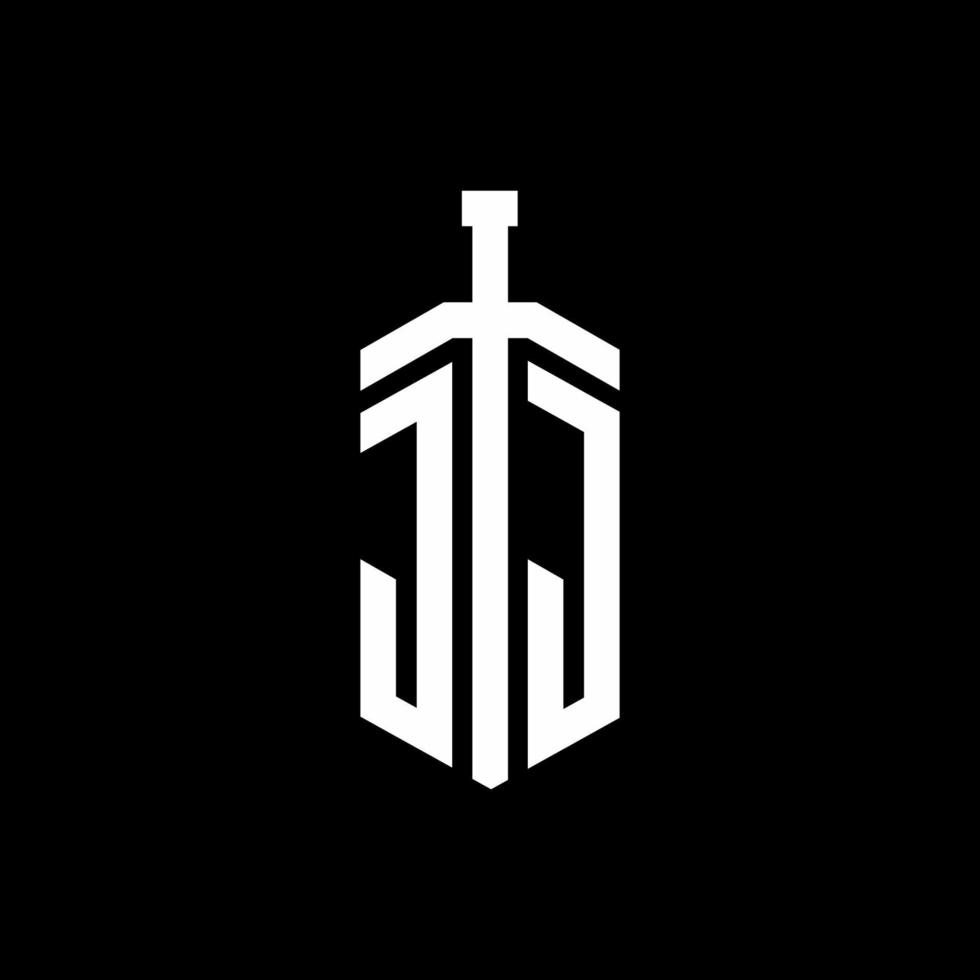 JJ logo monogram with sword element ribbon design template vector