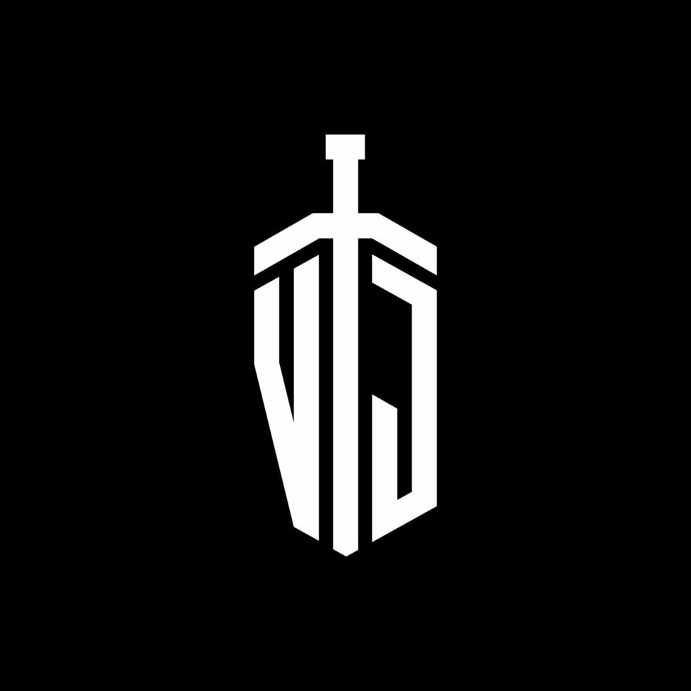 VJ logo monogram with sword element ribbon design template vector