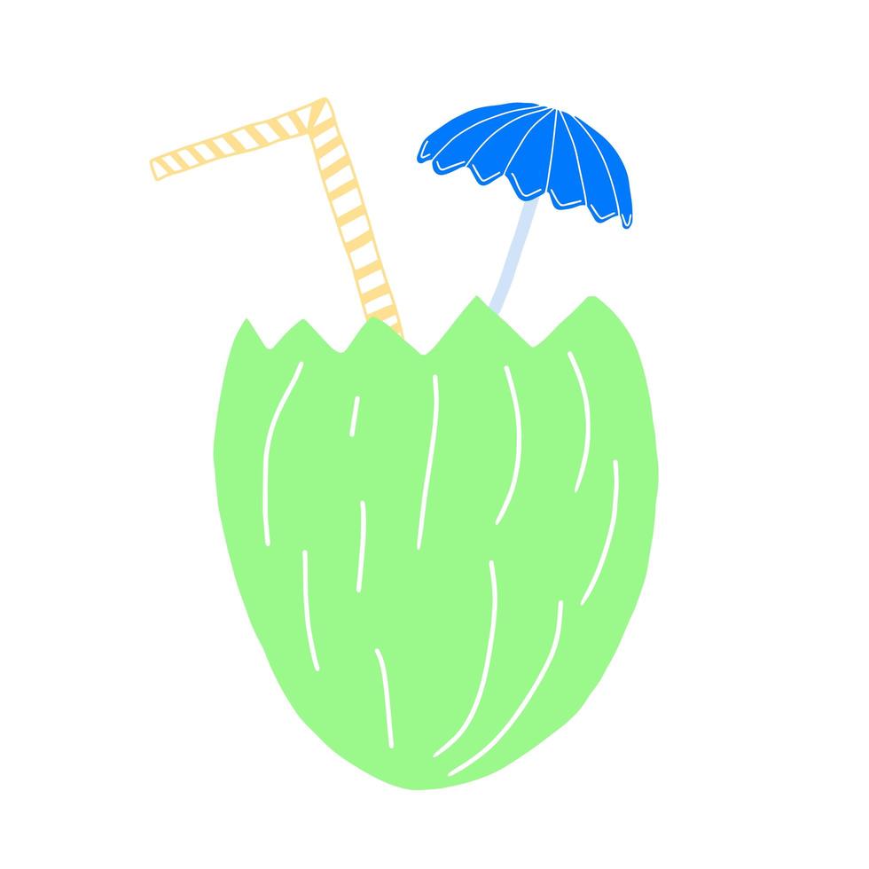 Cute hand drawn doodle coconut cocktail for hot weather, vector illustration.