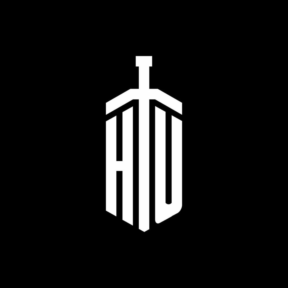 HU logo monogram with sword element ribbon design template vector