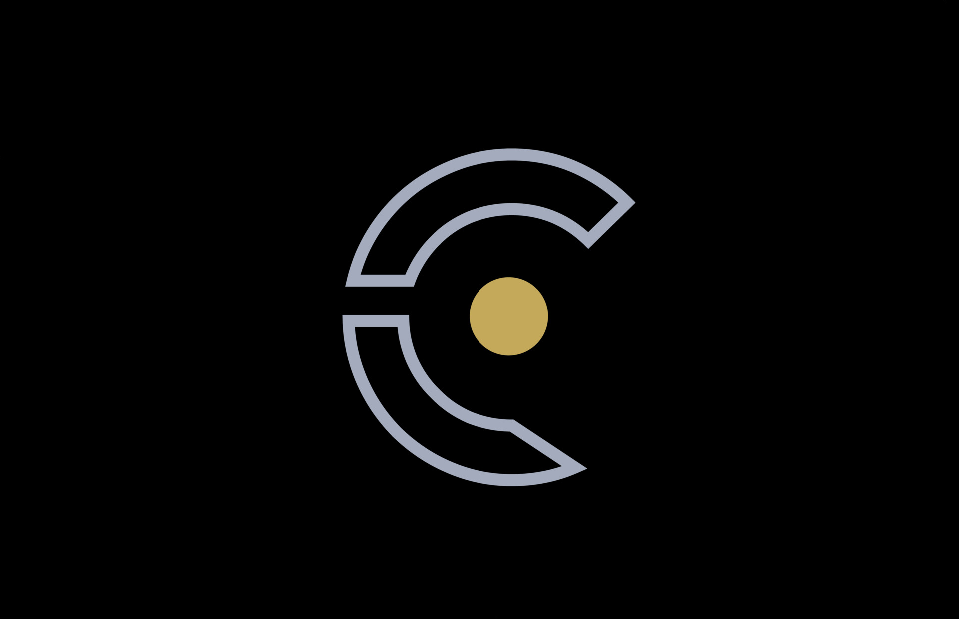 black white line C alphabet letter logo design with yellow icon circle