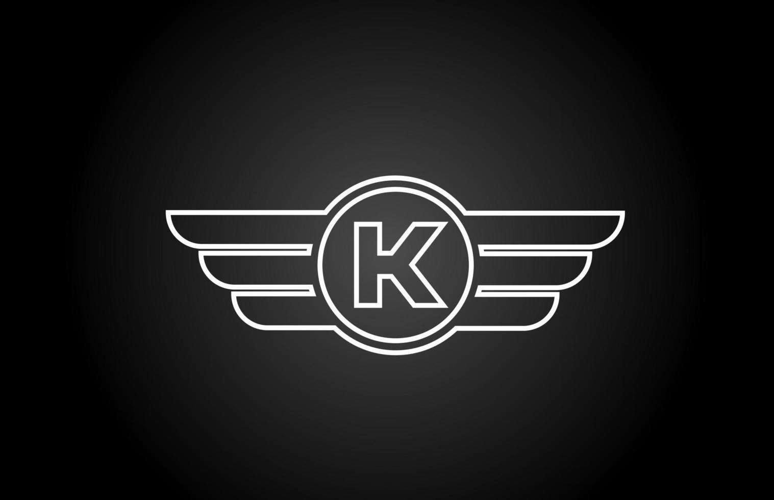 K alphabet letter logo icon for business and company with black and white line wing design vector