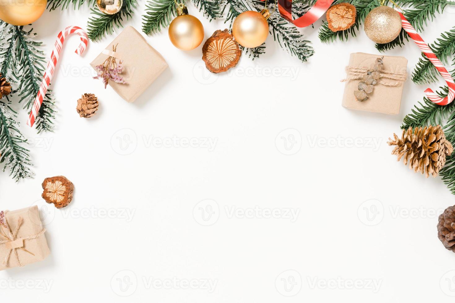 Minimal creative flat lay of christmas traditional composition and new year holiday season. Top view winter christmas decorations on white background with blank space for text. Copy space photography. photo