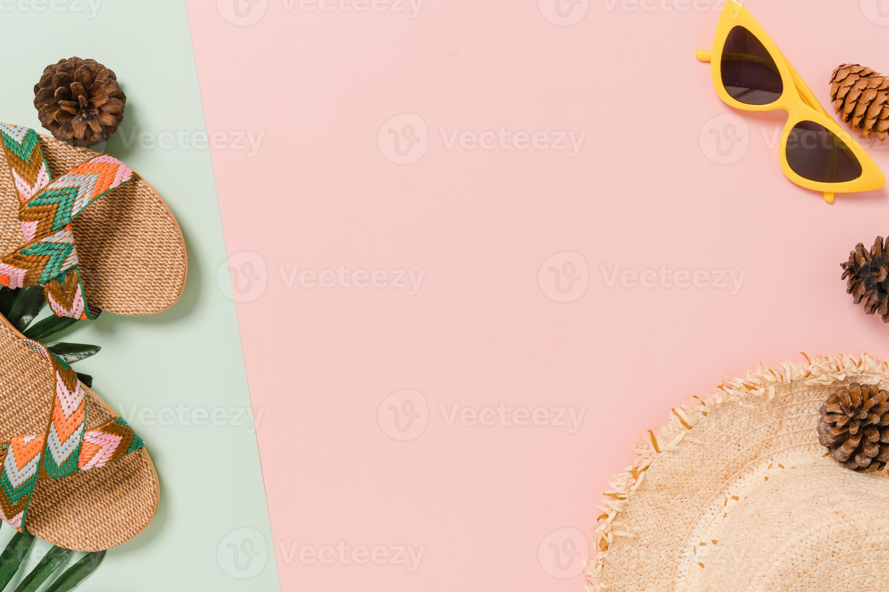 Creative flat lay of travel vacation spring or summer tropical fashion. Top  view beach accessories on pastel green pink color background with blank  space for text. Top view copy space photography. 3652249