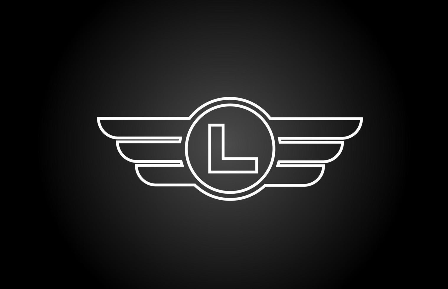 L icono del logotipo de la letra del alfabeto para empresas y empresas con diseño de ala de línea blanca y negra vector