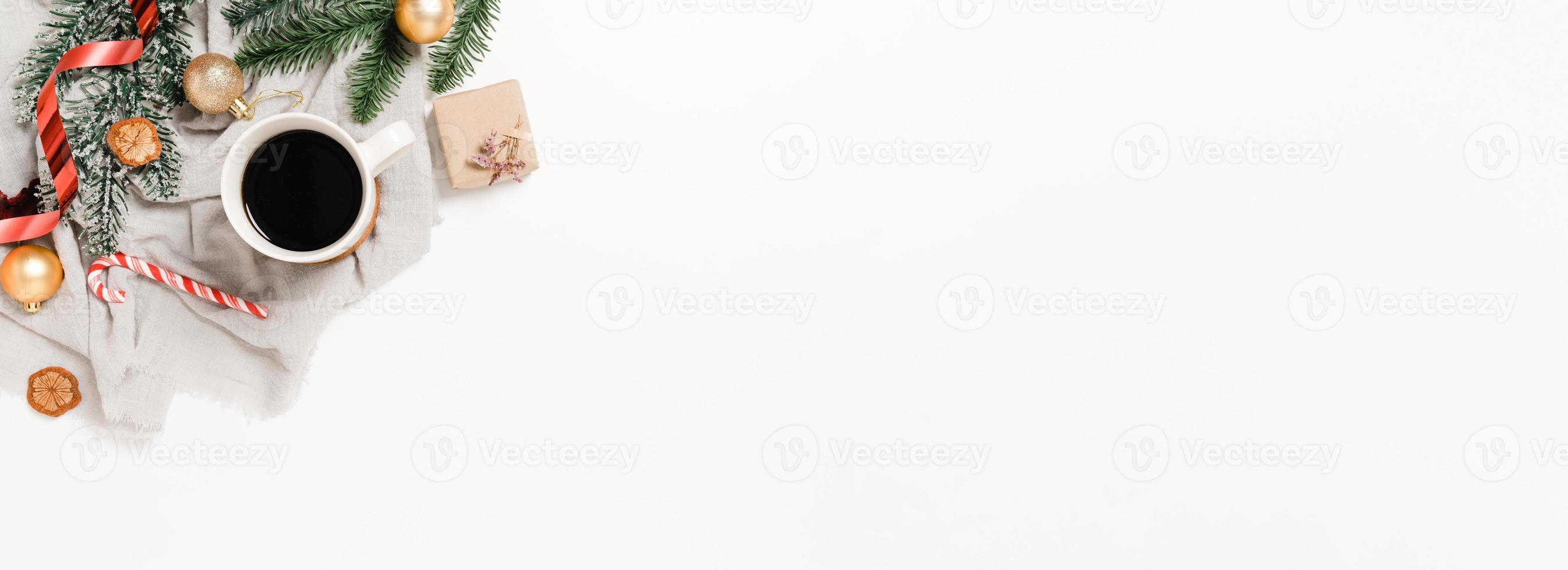 Creative flat lay of christmas traditional composition and new year holiday season. Top view winter christmas decoration on white background. Panoramic banner with copy space for text and Advertising. photo