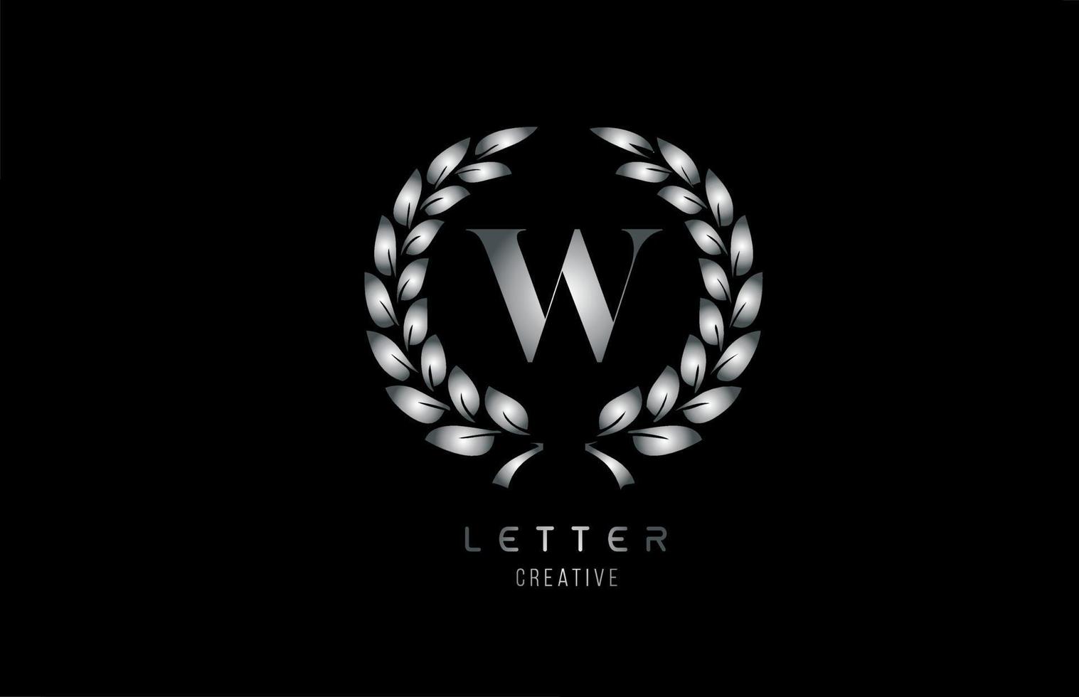 silver grey metal W alphabet letter logo icon with floral design for company and business vector