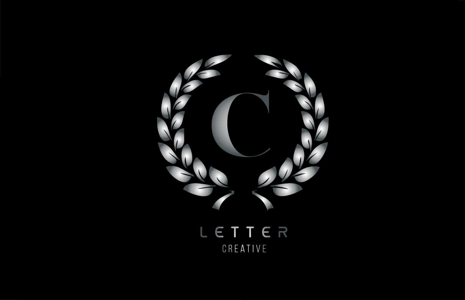 silver grey metal C alphabet letter logo icon with floral design for company and business vector