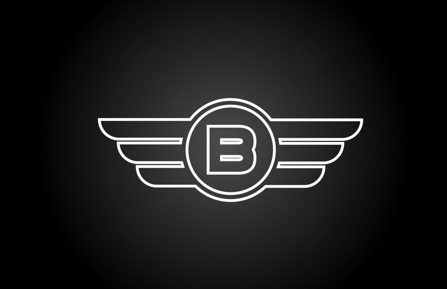 B alphabet letter logo icon for business and company with black and white line wing design vector