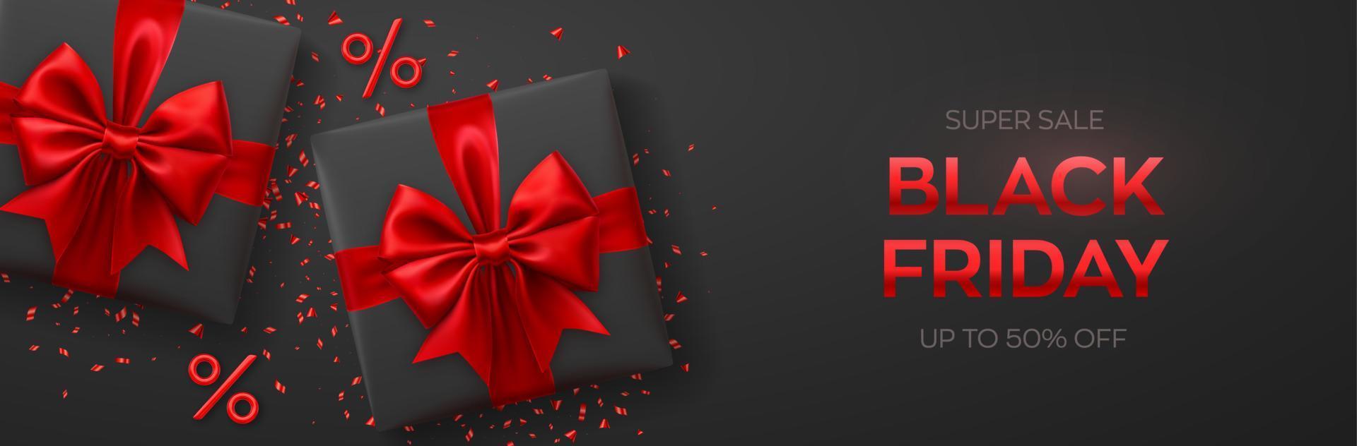Black Friday Super Sale. Realistic gifts boxes with red bows. Dark background with present boxes and percent symbols. Horizontal banner, poster, header website. Vector illustration.