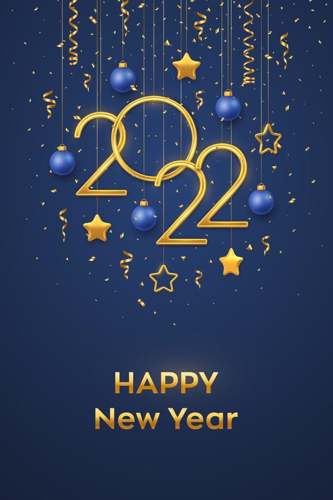 Happy New 2022 Year. Hanging Golden metallic numbers 2022 with shining 3D metallic stars, balls and confetti on blue background. New Year greeting card, banner template. Realistic Vector illustration.