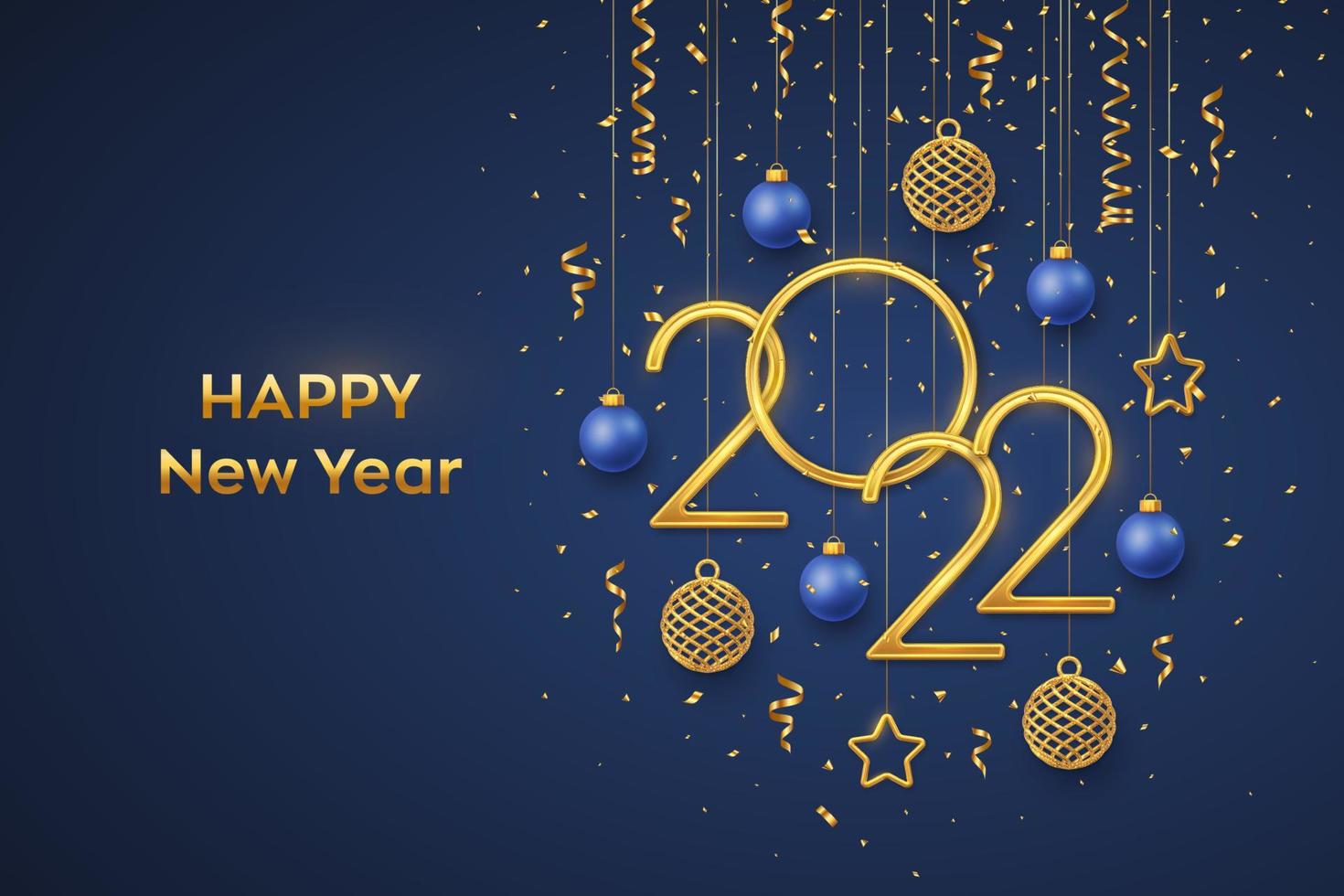 feliz año nuevo 2022. Colgando números metálicos dorados 2022 con brillantes estrellas metálicas 3d, bolas y confeti sobre fondo azul. tarjeta de felicitación de año nuevo, plantilla de banner. ilustración vectorial realista. vector