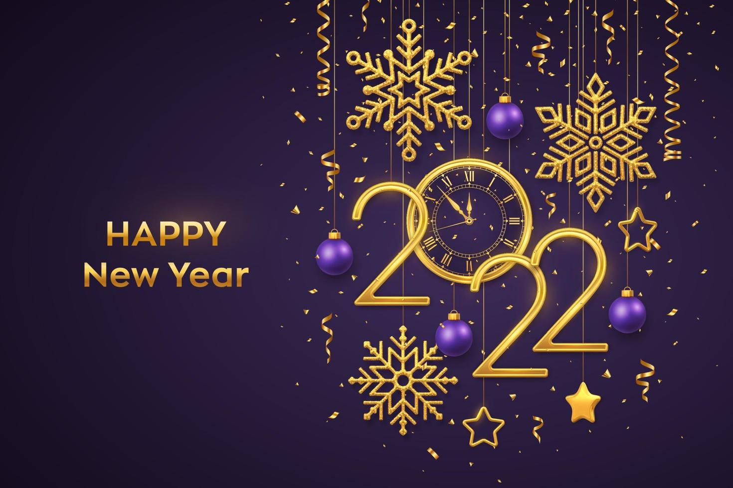 feliz año nuevo 2022. números de oro metálico 2022 y reloj con números romanos y cuenta regresiva de medianoche, víspera de año nuevo. colgando estrellas doradas, copos de nieve, bolas sobre fondo morado. ilustración vectorial vector