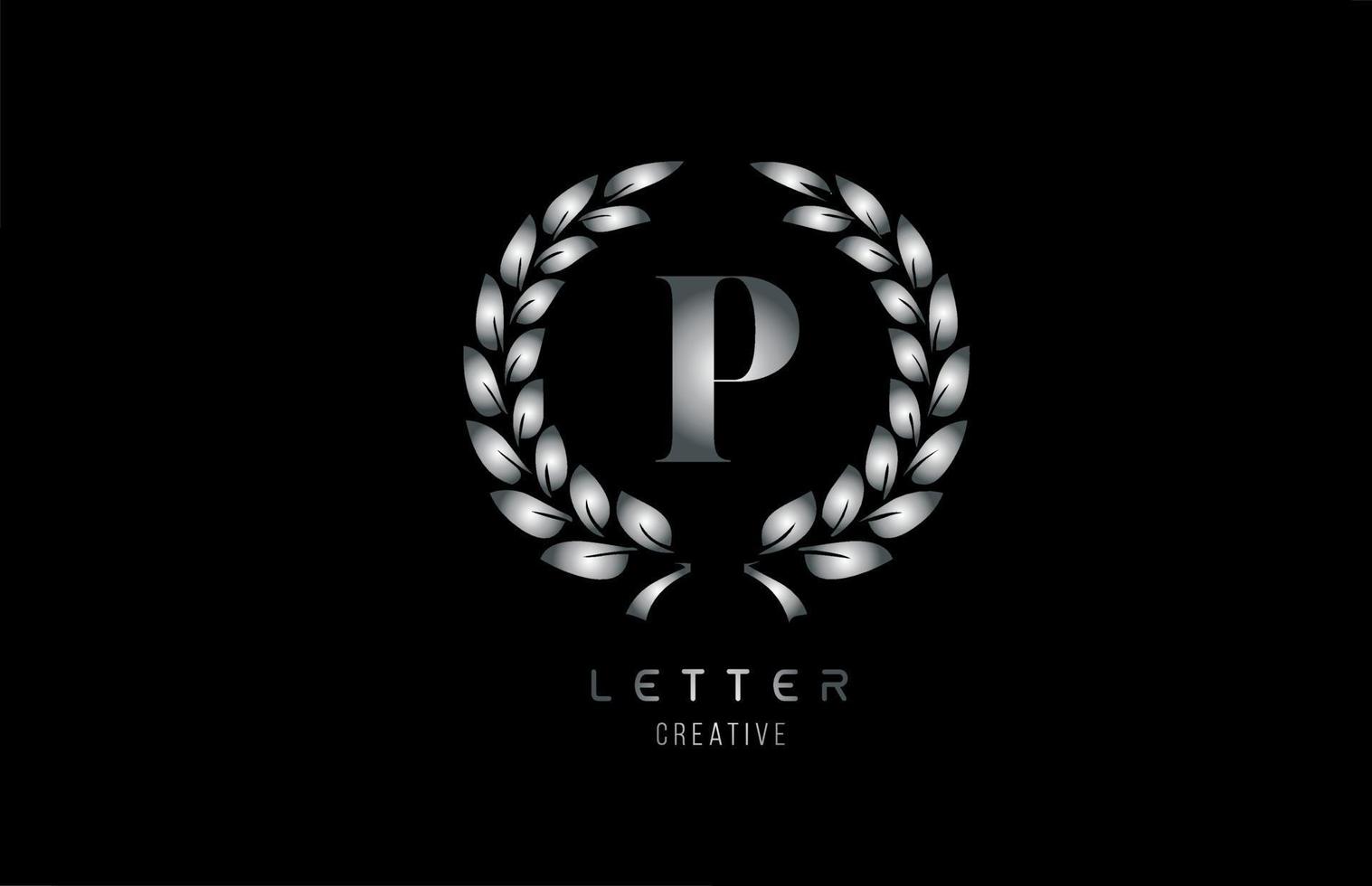 silver grey metal P alphabet letter logo icon with floral design for company and business vector