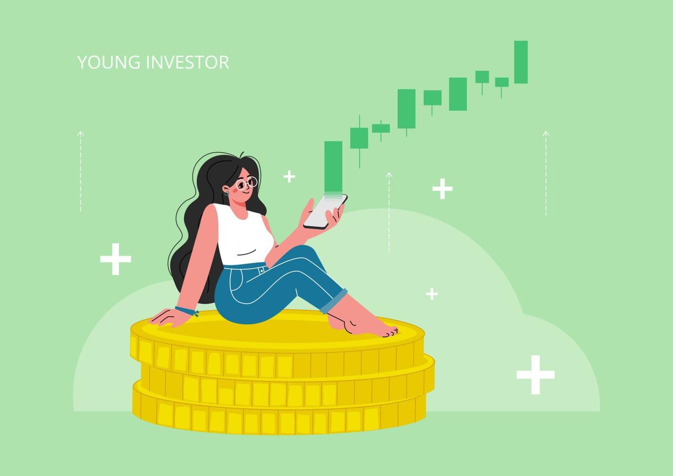 A young girl is sitting on coins and watches the exchange rate go up.Modern flat vector illustration.