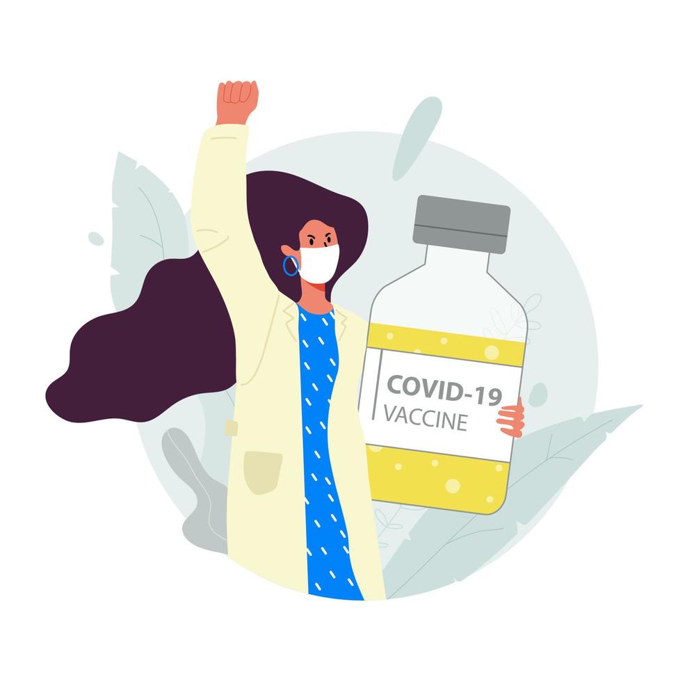 A woman wearing a medical mask stands and holds a vial of vaccine, her other hand pulled up. vector